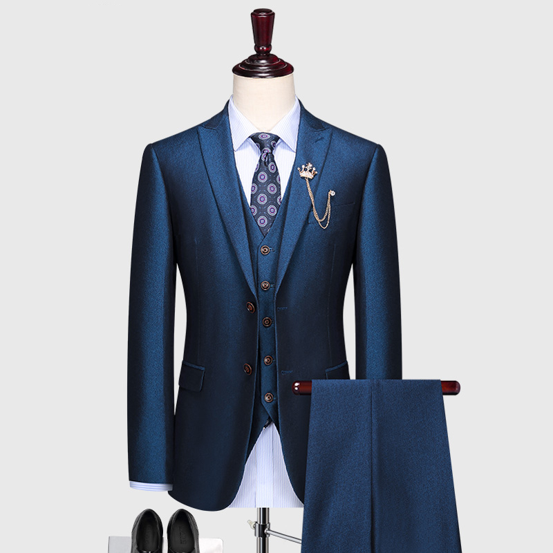 西服套裝男士新郎宴會結(jié)婚禮服秋季修身西裝藍(lán)色主持人三件套正裝
