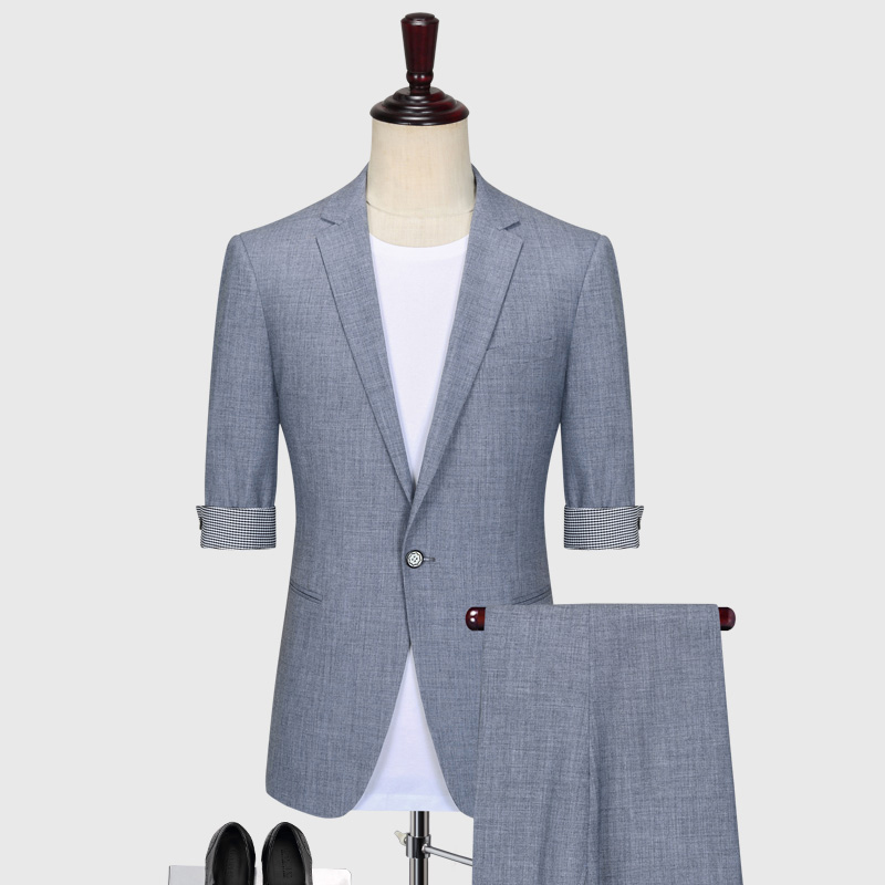輕奢品牌2021年夏季西裝套裝男帥氣七分袖薄款西服商務(wù)休閑兩件套