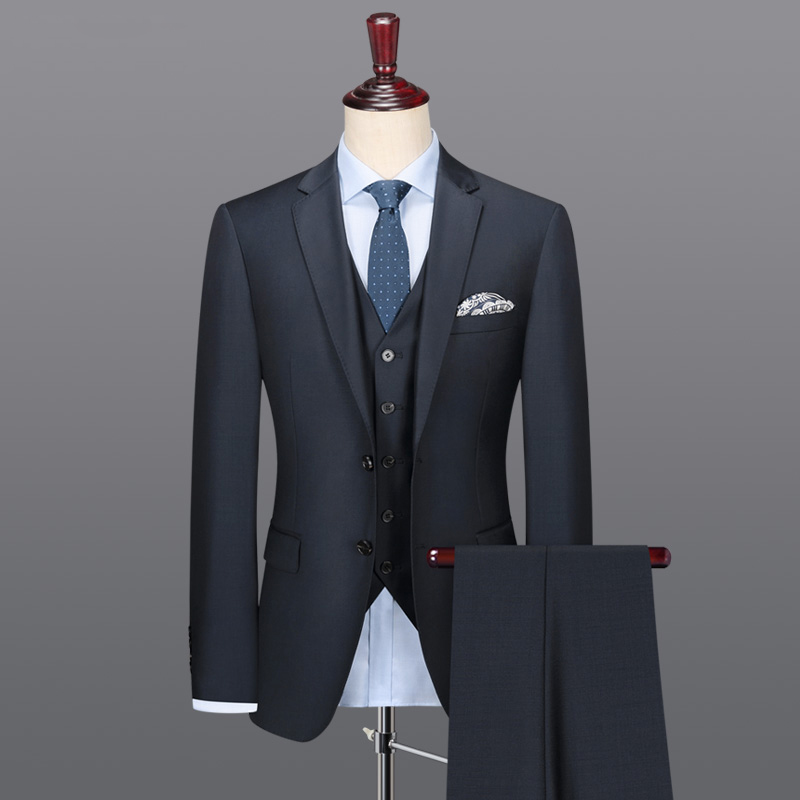 純羊毛西服套裝男士商務(wù)休閑西裝新郎結(jié)婚禮服灰色修身三件套正裝